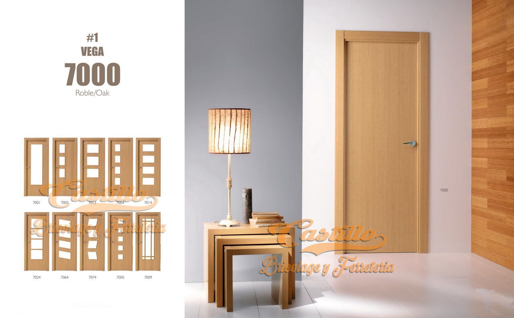 Puerta de madera con elementos de diseño moderno y lámpara sobre mesas auxiliares.