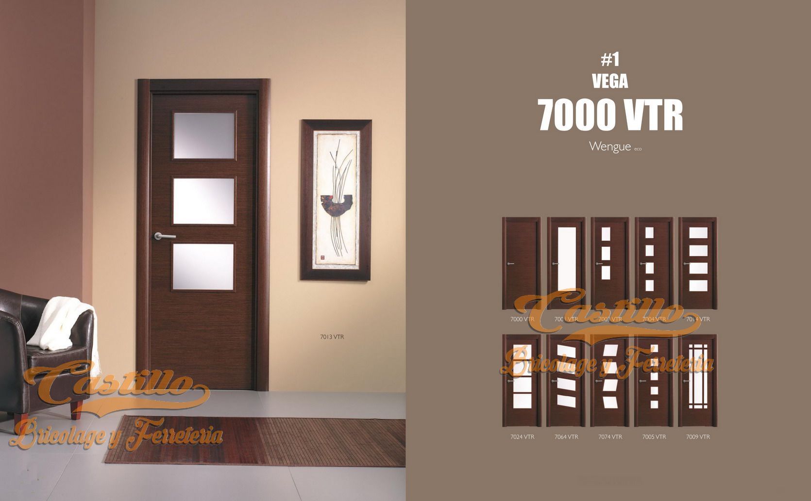 Vitrina de puerta con paneles de vidrio, marco de madera oscura y opciones de diseño adicionales.