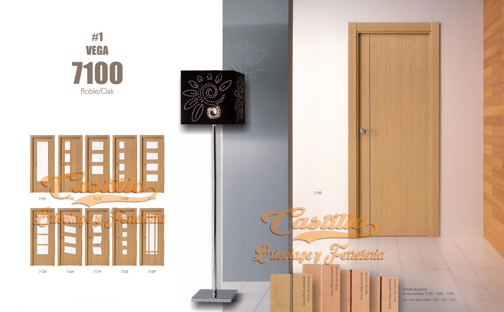 Expositor de puerta interior con muestras de color, al lado de una lámpara y una pared.