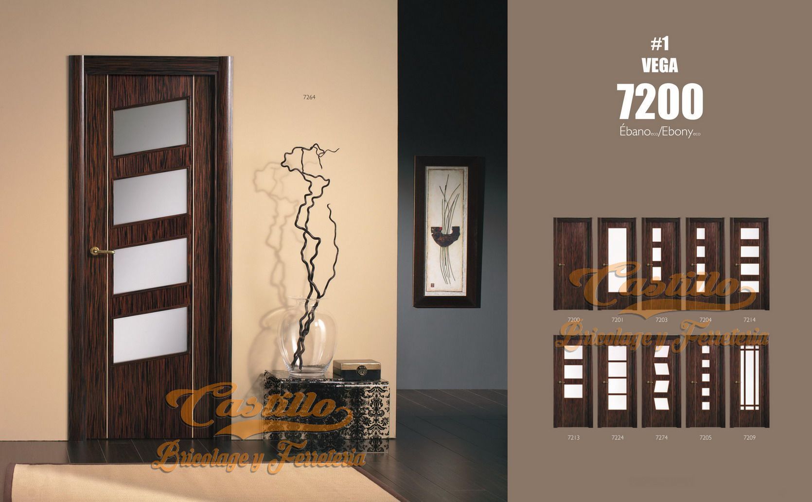 Puerta de madera con paneles de vidrio esmerilado. Se muestran otros estilos de puerta. Tonos marrones en toda la casa.