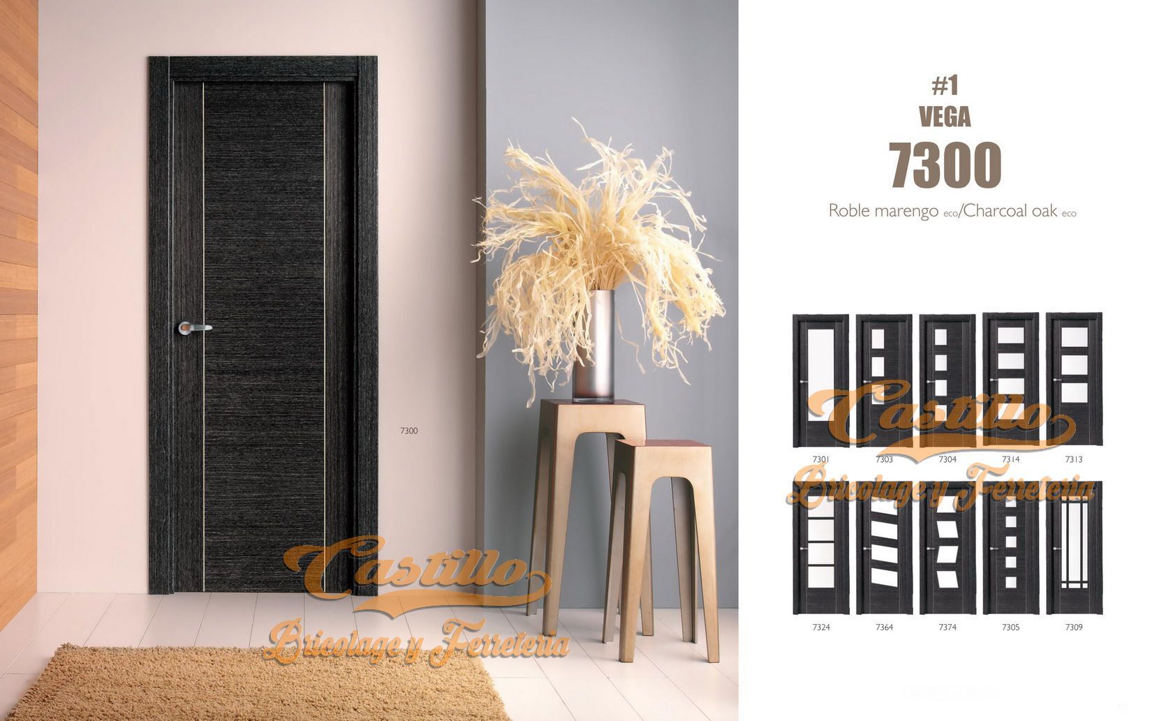 Puerta de textura oscura con acento plateado vertical, junto a una planta seca alta y opciones de diseño.