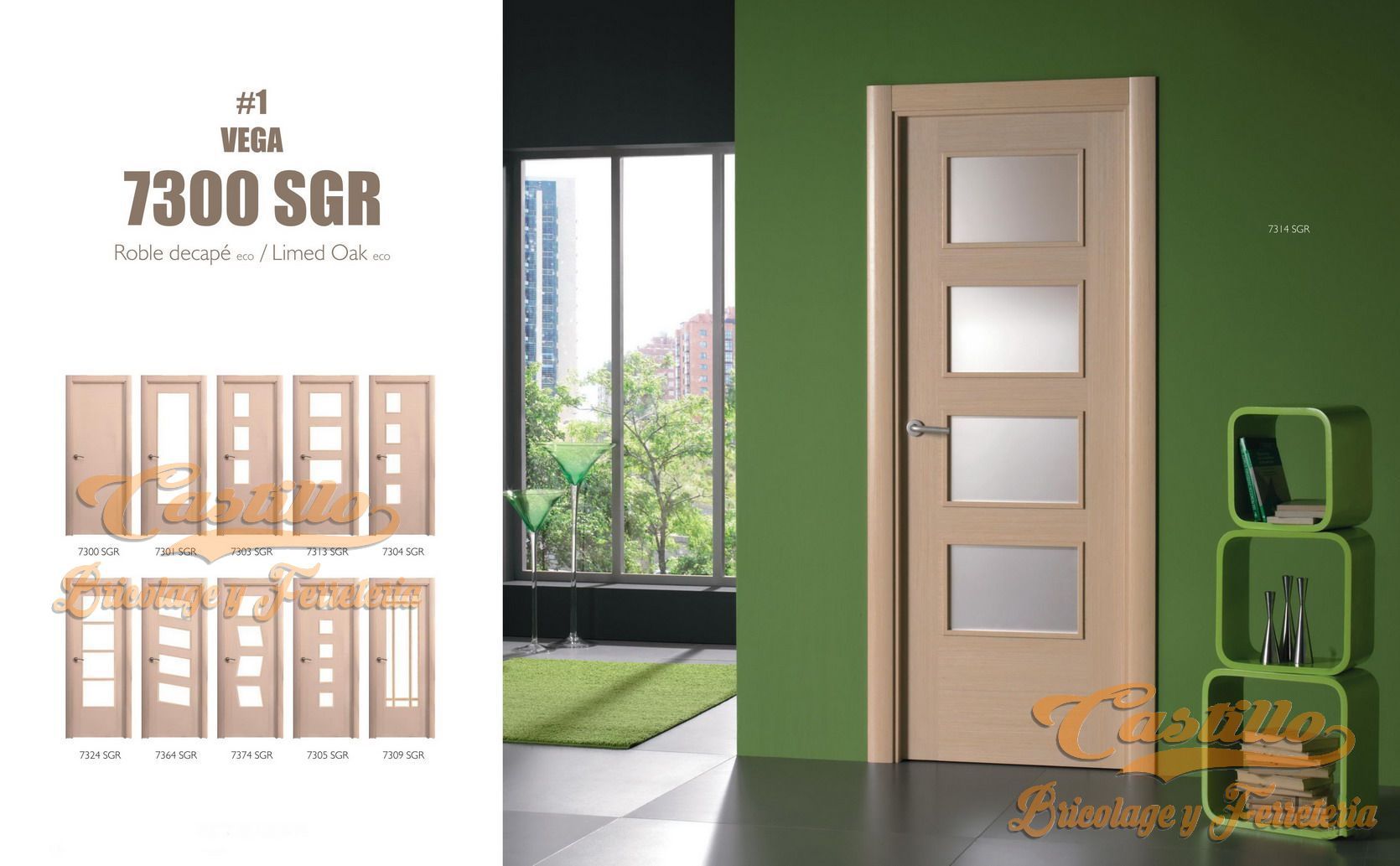 Una puerta interior de madera de color claro con cuatro paneles de vidrio, un diseño moderno, situada frente a una pared verde.