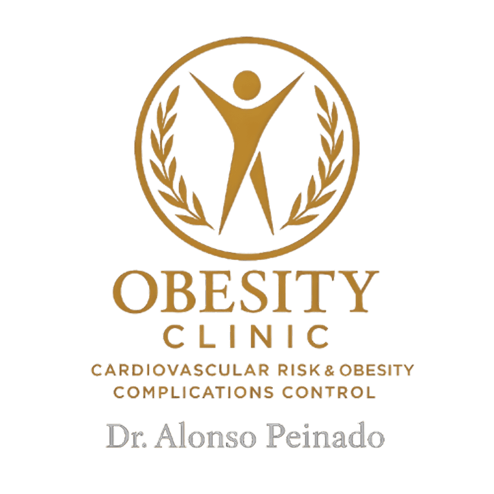 Logotipo para Cl&iacute;nica de Obesidad que presenta una figura dorada con los brazos levantados dentro de un c&iacute;rculo, con texto.