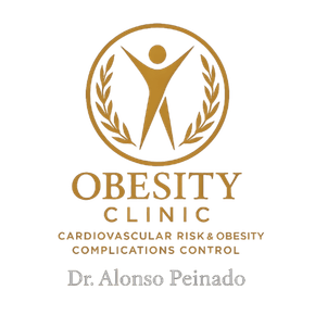 Logotipo para Cl&iacute;nica de Obesidad que presenta una figura dorada con los brazos levantados dentro de un c&iacute;rculo, con texto.