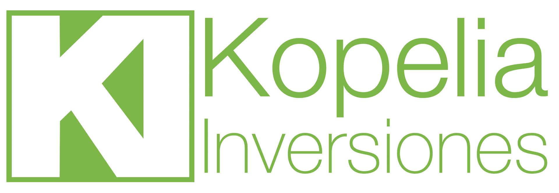 Logotipo de Kopelia Inversiones. Diseño "KI" verde dentro de un cuadrado, con el texto "Kopelia Inversiones" al lado.