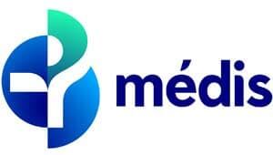 Logotipo da Médis: gráfico azul e verde-azulado com uma cruz e uma letra 