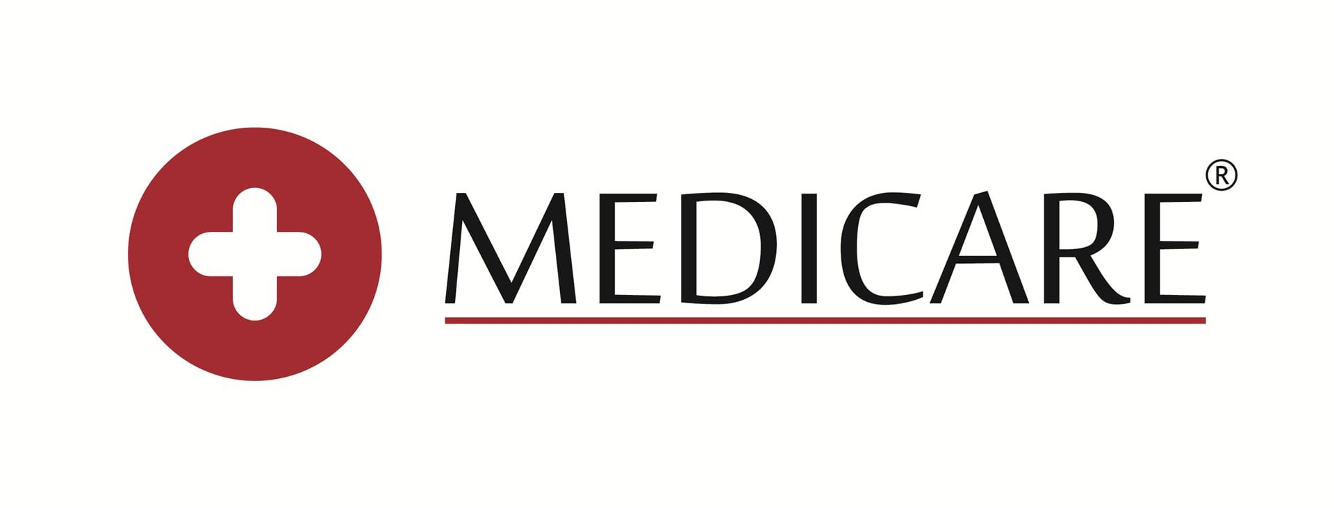 Logotipo do Medicare com um sinal de mais vermelho dentro de um círculo vermelho, a palavra 