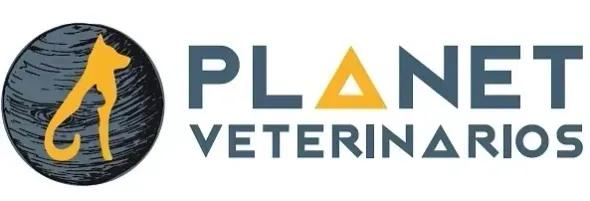 Logotipo de Planet Veterinarios: silueta de perro amarillo sobre un globo terráqueo, texto 