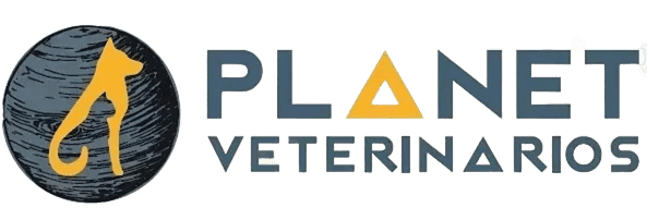 Logotipo de Planet Veterinarios con un icono circular oscuro, una figura de animal amarilla y texto gris azulado.