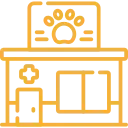 Ilustración de clínica veterinaria con letrero con huella de pata, ventana y puerta.
