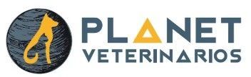 Logotipo para Planet Veterinarios: silueta de un perro dentro de un planeta, texto "PLANET VETERINARIOS".
