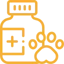 Botella de medicamento con un signo más, al lado de una huella de pata, probablemente medicamento para mascotas.