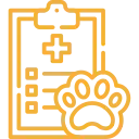Cuadro médico veterinario con icono de huella de pata, naranja.