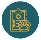 Historial médico veterinario con símbolo de cruz y huella de pata sobre un círculo verde azulado.