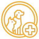 Siluetas de perros y gatos con una cruz médica, en un círculo dorado.