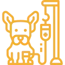 Icono amarillo de un perro que recibe líquidos intravenosos.