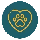 Contorno en forma de corazón con huella de pata en el interior, sobre un círculo verde azulado. 