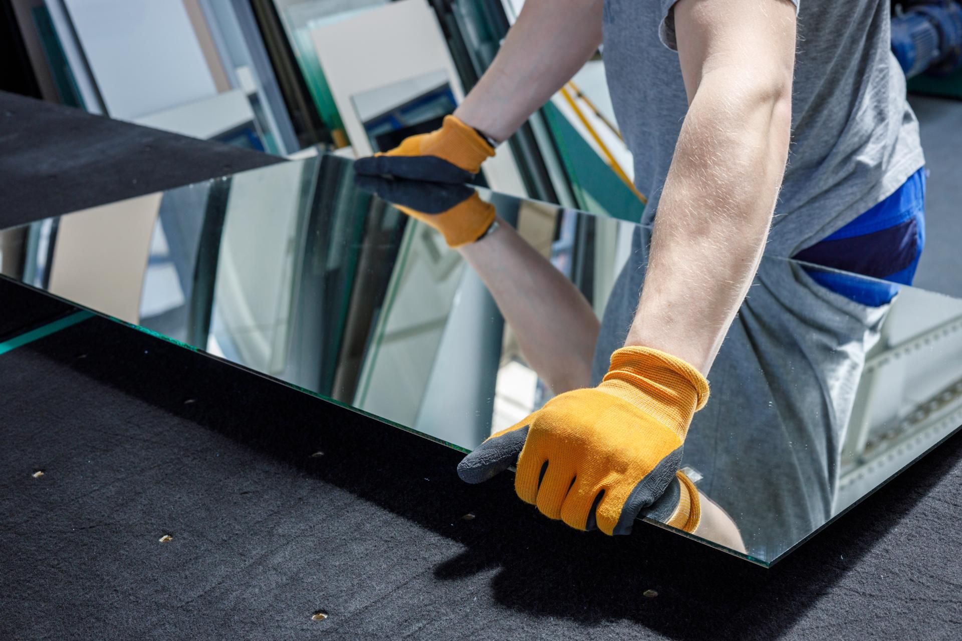 Ein Mann mit orangefarbenen Handschuhen schneidet ein großes Stück Glas.