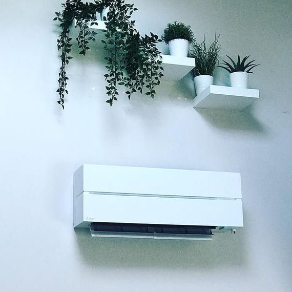 Climatiseur mural blanc sous des étagères flottantes avec des plantes en pot sur un mur blanc.