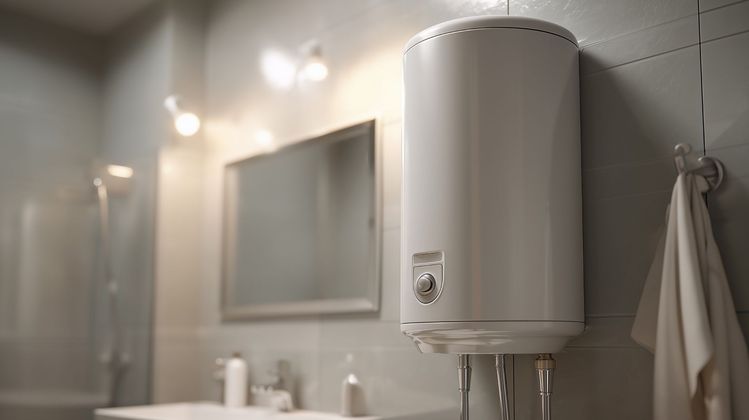 Chauffe-eau mural blanc dans une salle de bains moderne, avec une serviette suspendue à proximité.