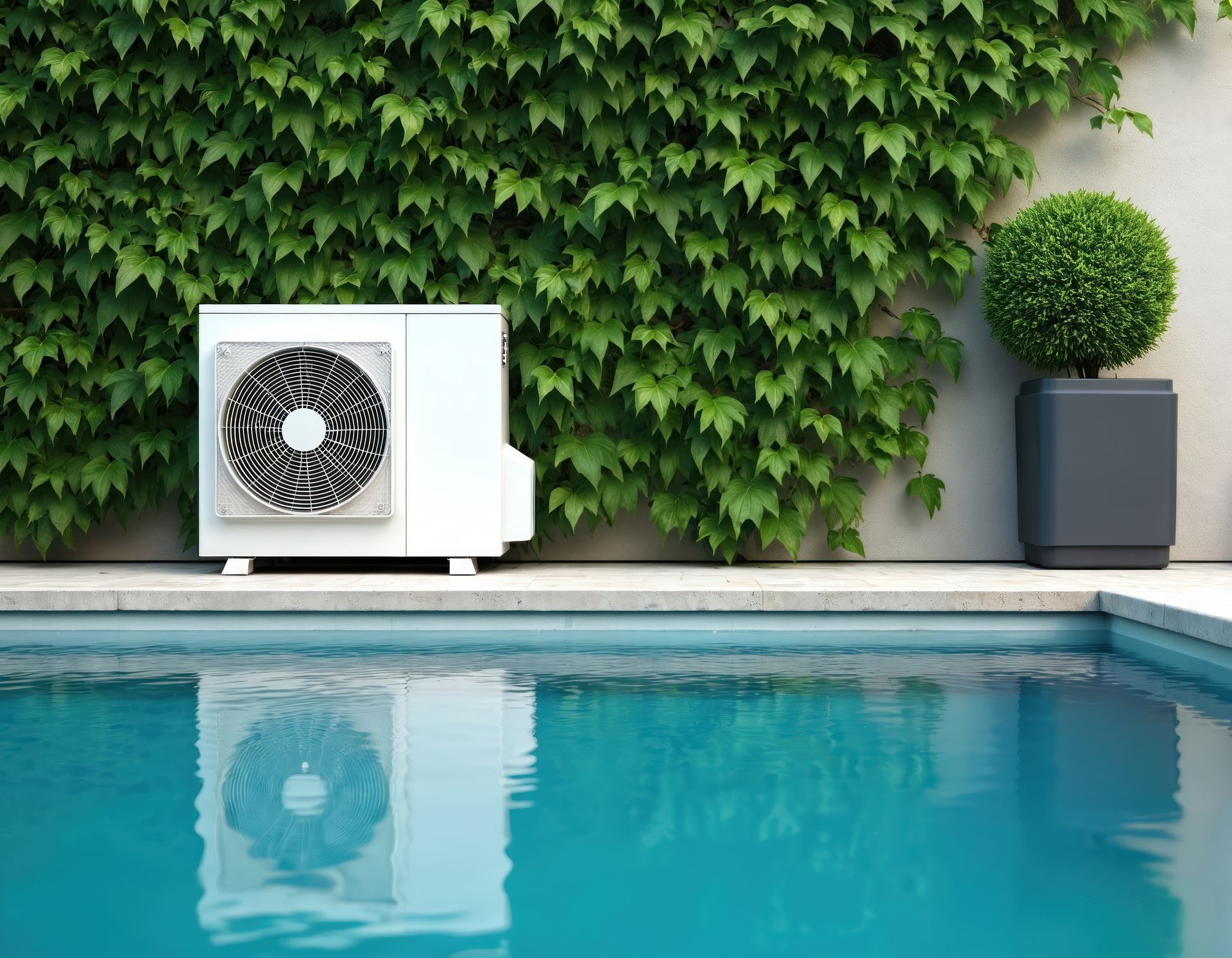 Unité de climatisation extérieure au bord de la piscine, près d'un mur de lierre vert et d'un topiaire en pot, se reflétant dans l'eau bleue.