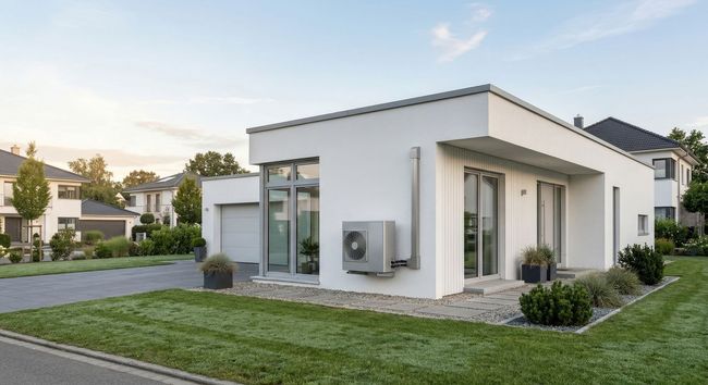 Maison moderne de plain-pied blanche avec portes vitrées, pelouse et climatisation au coucher du soleil