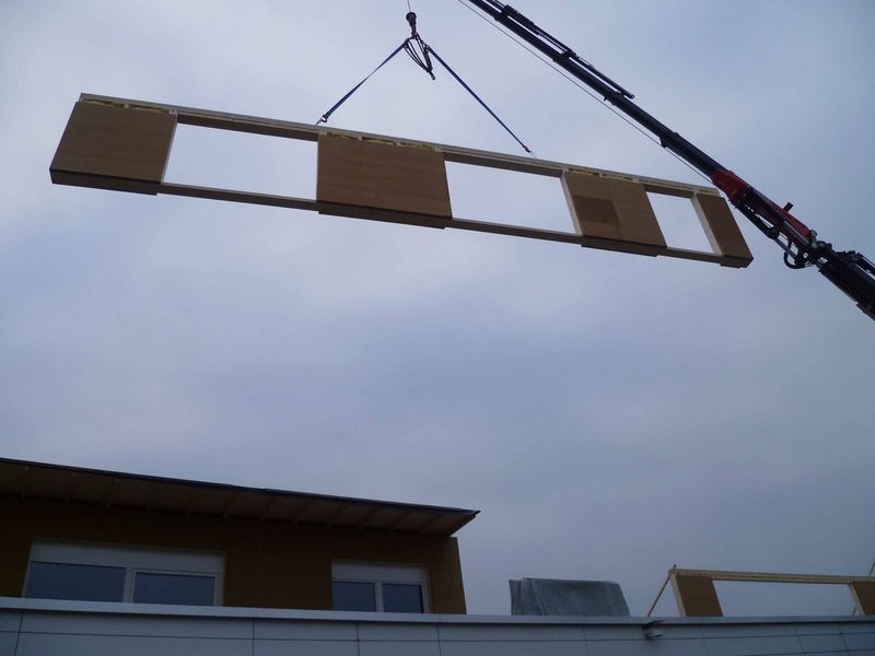 Ein großes Stück Holz wird von einem Kran angehoben