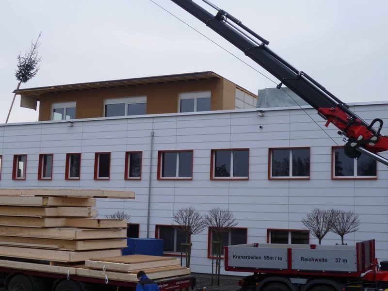 Ein Kran hebt einen Baum auf ein Gebäude