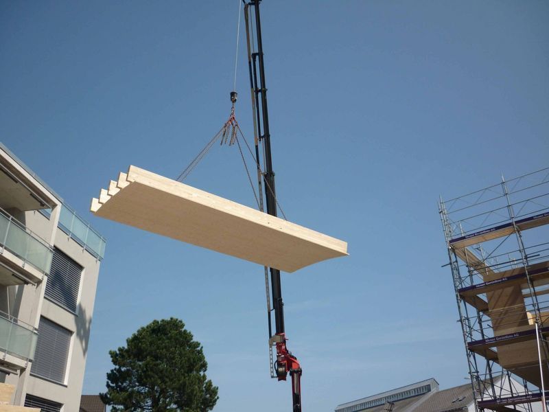 Ein großes Stück Holz wird von einem Kran angehoben