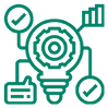 Icon Glühbirne mit Zahnrad, von der eine Sprechblase, Diagramm und zwei Haken abgehen