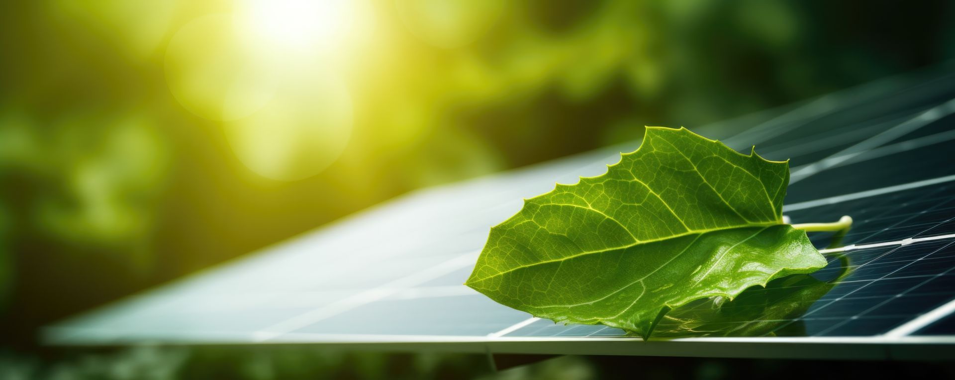 Panneau photovoltaïque avec une feuille d'arbre posée dessus, symbole de l'électricité verte