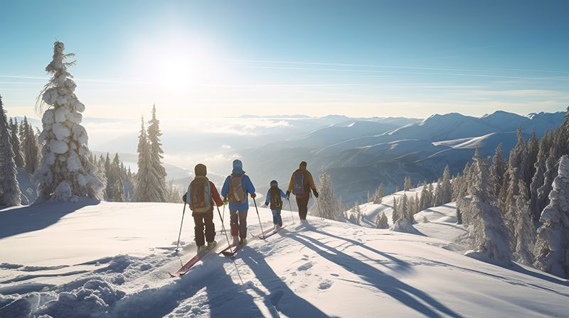 Eine Familie unternimmt eine Schneeschuhwanderung auf einem sonnigen, schneebedeckten Bergkamm. Im Hintergrund sind Berge und Wolken zu sehen.