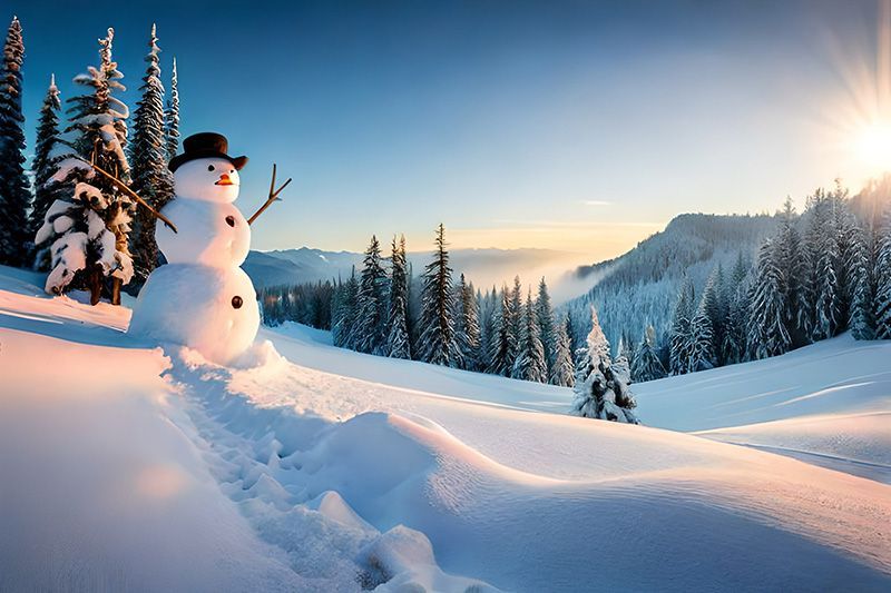 Schneemann in verschneiter Landschaft mit Bäumen, Sonnenschein und blauem Himmel.