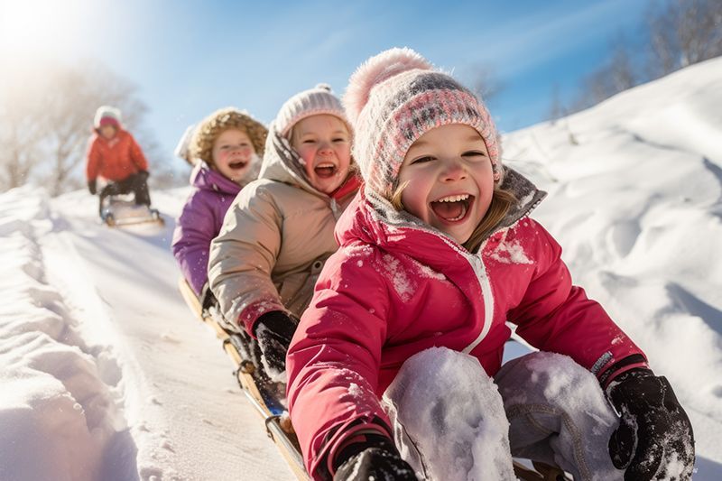 Kinder rodeln an einem sonnigen Tag einen verschneiten Hügel hinunter. Sie strahlen vor Freude und tragen Wintermäntel.