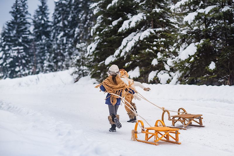 Zwei Personen ziehen Holzschlitten auf einem schneebedeckten Pfad in der Nähe eines Waldes.