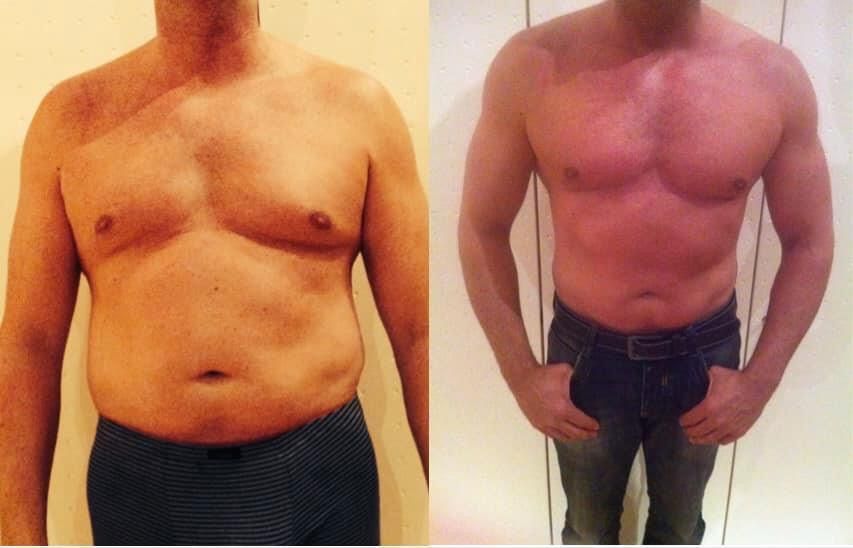 Ein Vorher-Nachher-Bild des Oberkörpers eines Mannes