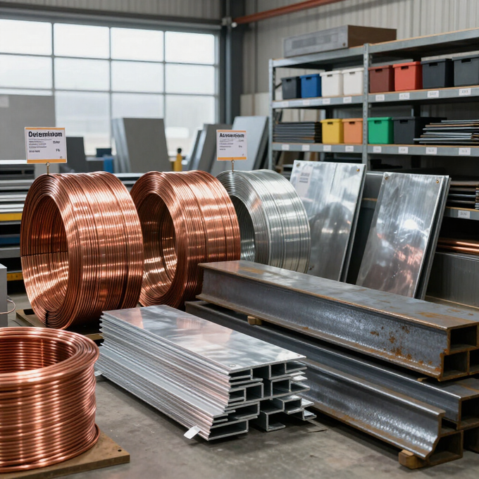 Pilas de láminas y bobinas de cobre, aluminio y acero en un almacén industrial.