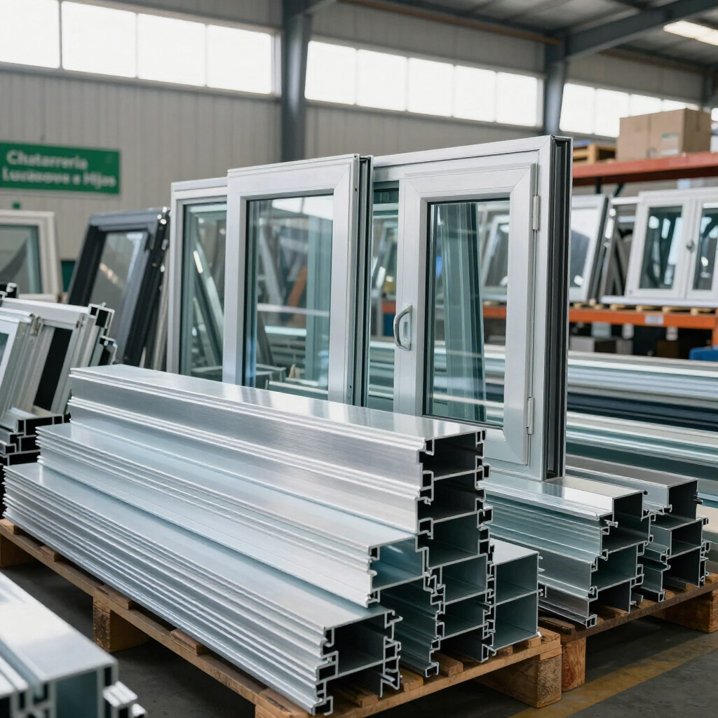 Marcos y perfiles de ventanas de aluminio apilados sobre paletas de madera en un almacén de fábrica.