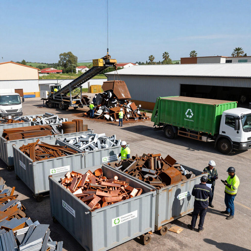 Trabajadores clasificando chatarra en contenedores en un patio industrial junto a un camión de reciclaje verde.