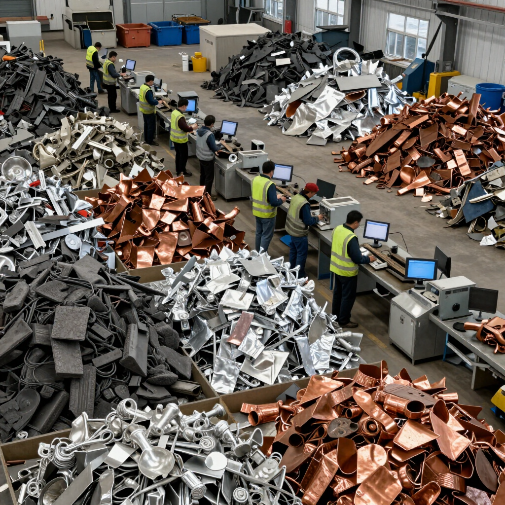 Trabajadores clasificando montones de chatarra de cobre y plata en un almacén de reciclaje industrial.
