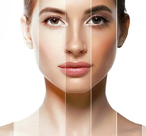 Le visage d'une femme divisé en plusieurs panneaux verticaux montrant différentes carnations et différents traitements.