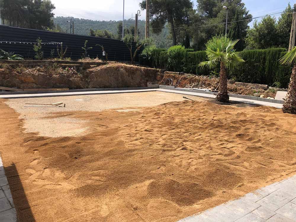 Patio trasero vacío con una zona de tierra recién nivelada, un borde de hormigón y palmeras a lo largo del perímetro.