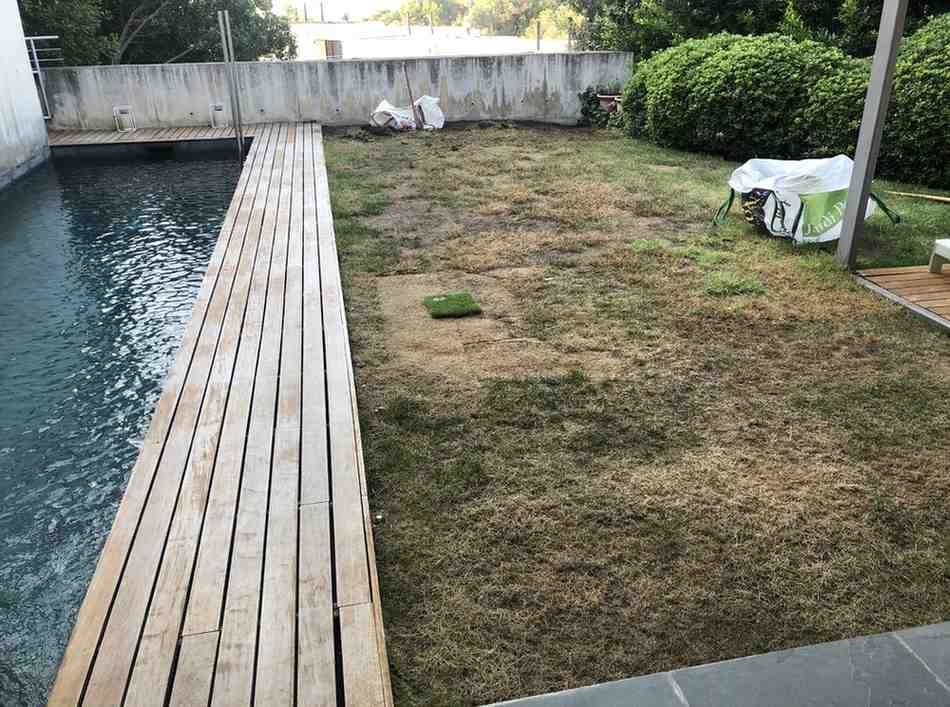 Terraza trasera junto a la piscina, al lado de un jardín con césped, valla y muebles de exterior cubiertos.