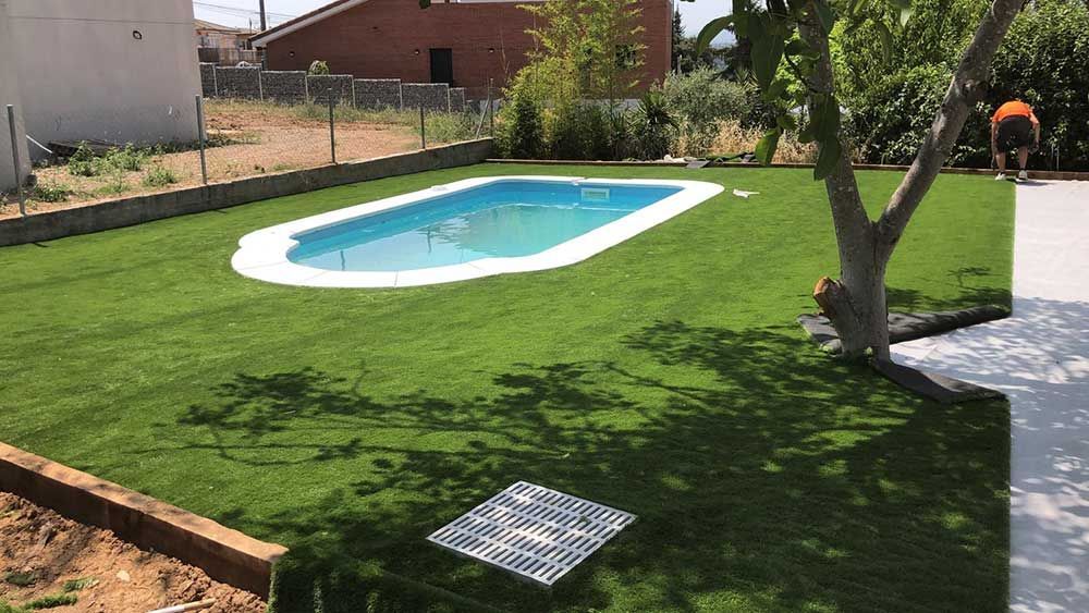 Jardín trasero con una pequeña piscina ovalada, césped y árboles junto a un patio pavimentado.