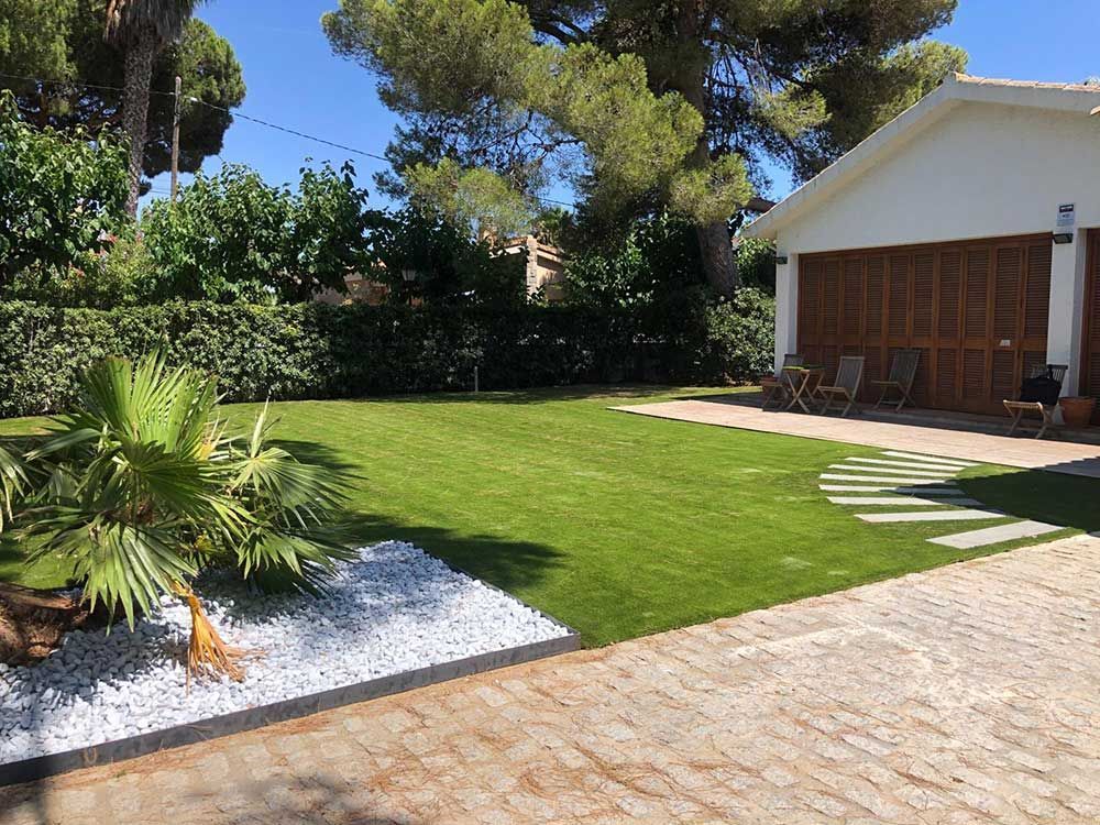 Patio trasero soleado con césped verde, palmeras, patio de piedra y una casa blanca con contraventanas de madera.
