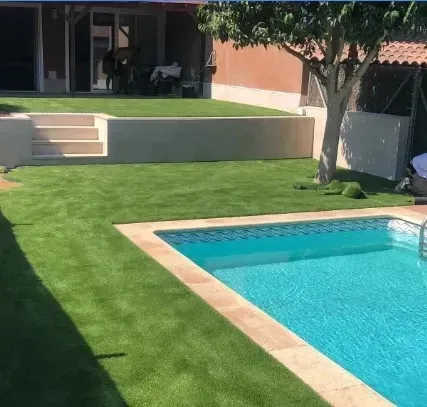 Patio trasero con piscina turquesa, césped verde, escalones de patio y un árbol que da sombra junto a una casa.