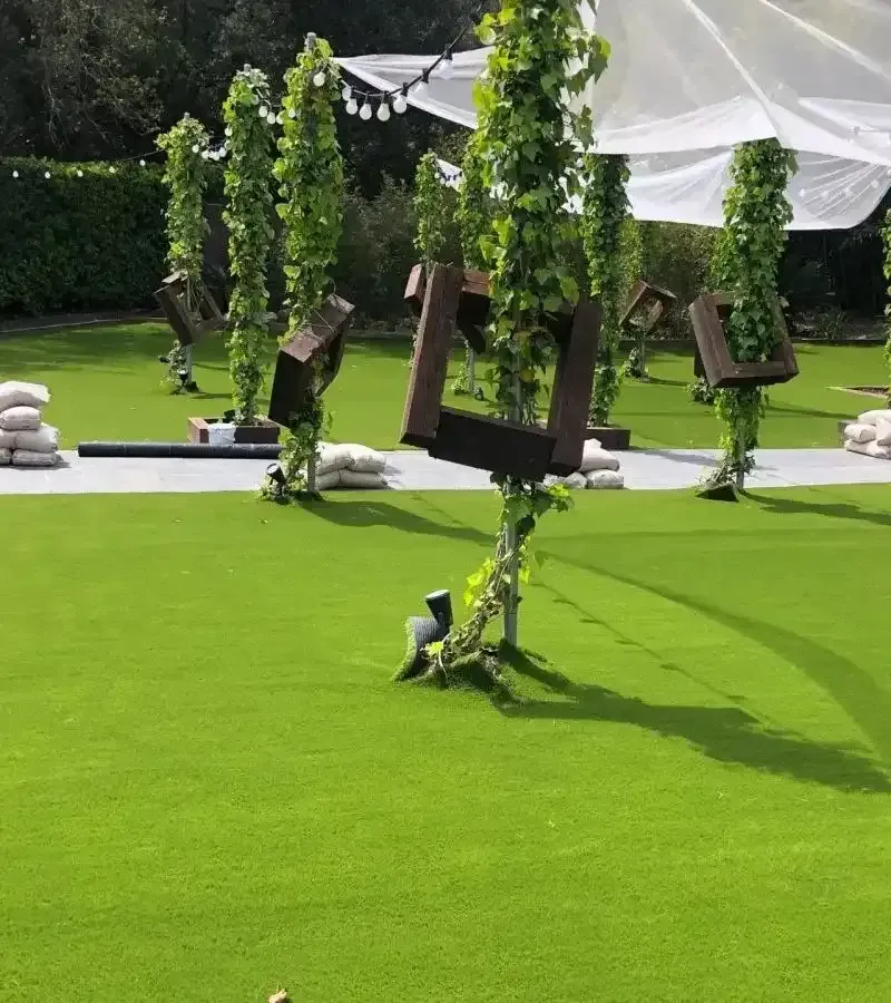 Césped verde con columpios de madera cubiertos de enredaderas bajo un toldo blanco en un jardín.