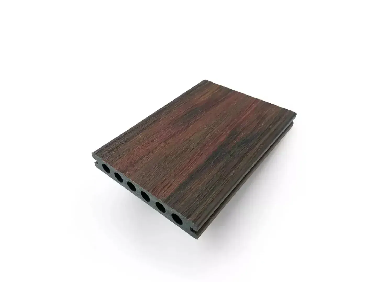Tabla de cubierta compuesta con vetas de madera oscura y canales huecos sobre fondo blanco.