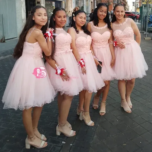 Un grupo de chicas con vestidos rosas posan para una foto.