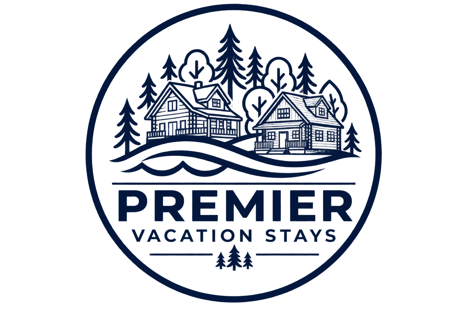 Premier Vacation Stays logo with navy text and a cabin scene inside a circular border